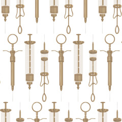 Seamless pattern of reusable vintage medical syringes. Vaccination of the population. Decor for hospitals and medical institutions. Vector illustration isolated on transparent background.