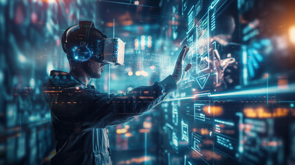 a visually striking set of images depicting futuristic technology concepts, including artificial intelligence, virtual reality, augmented reality, and blockchain innovation High detailed 