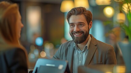 A cheerful young receptionist with a beard is interacting with a kind business guest at the hotel lobby desk.
