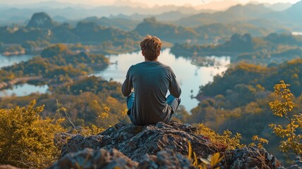 rear view of a lone man enjoying a stunning vista while sitting on a mountain. - obrazy, fototapety, plakaty
