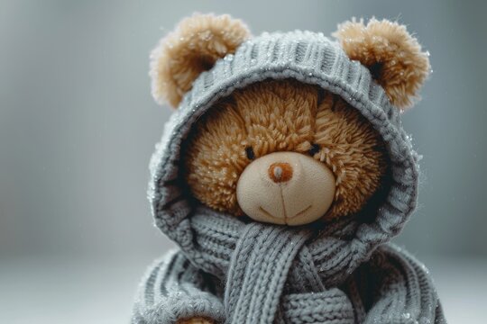 In a white background, a sleeping Teddy Bear is wearing a hood
