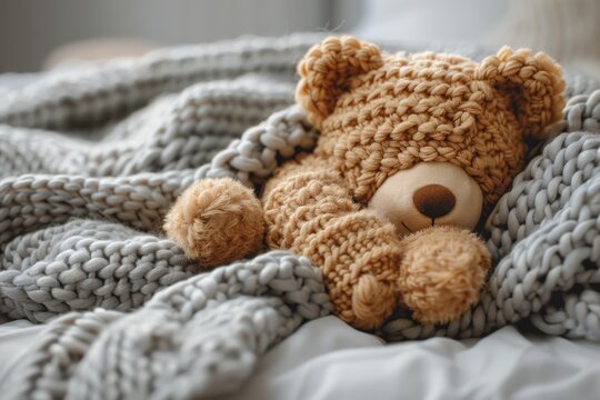 On a white background, a sleeping Teddy Bear with a hood