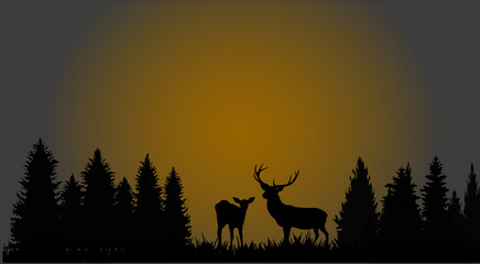 Silhouettes de cerf et biche parmi les sapins au soleil levant	