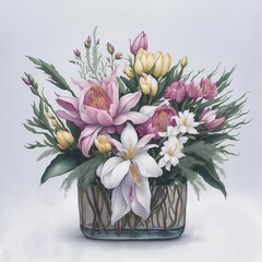 A bouquet of white and pink lilies, tulips, and alstroemeria, with eucalyptus leaves in an elegant square glass vase, with soft pastel colors, a detailed botanical illustration 