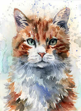 Watercolor illustration of a fluffy ginger cat with green eyes on a white background with watercolor spots and streaks (This illustration was drawn by hand without the use of generative AI!)