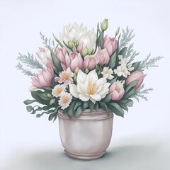 A beautiful arrangement of white and pink tulips, daisies, and eucalyptus in an elegant silver pot. Soft colors, detailed, and expressive, in the style of water color illustration