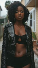 A dynamic shot of a chubby woman strutting confidently in a sleek leather jacket paired with a flirty mini skirt, exuding edgy chic vibes. - obrazy, fototapety, plakaty