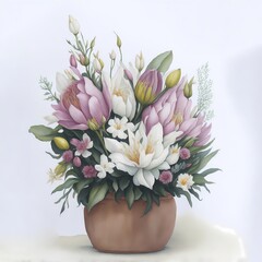 A realistic watercolor illustration of an arrangement with pink and white flowers in a brown pot on a light background, with high detail