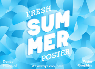 Summer poster with 3D lettering. Abstract trendy background made of semicircles with color gradient. Geometric pieces in the style of Y2K and brutalism. Vector template