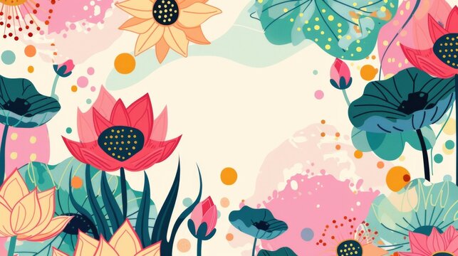 A jubilant celebration of color and form, this vibrant display of stylized lotus flowers pops against a pastel backdrop, invoking a sense of joy and spirited growth.