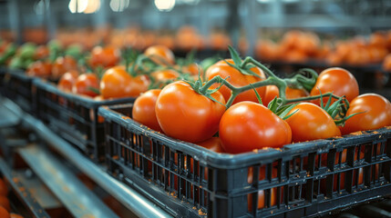 Tomatoes are arranged in plastic crates on a conveyor belt, The conveyor belt transports tomatoes for sorting.