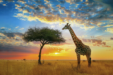 A solitary giraffe stands in the African savannah beside a low tree, silhouetted against the...