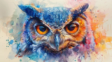 Gordijnen A pastel watercolor portrait of a serene owl hand-drawn on white © Thanapipat