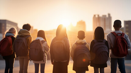 Rear view silhouettes of diverse children with backpacks look at the sunset. Elementary school students. - obrazy, fototapety, plakaty