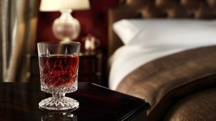 Fototapeta na wymiar A crystal glass holds a dark red nightcap, its rich color matching the opulent tones of the plush bedroom setting, suggesting refined relaxation.