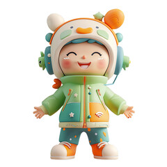 A happy boy in a 3D clay render, sporting a maiden hat with funky game and tech elements on his stylish clothes