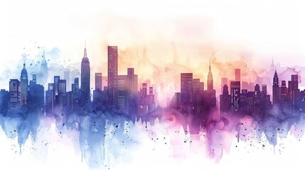 Fototapeta na wymiar Pastel watercolor skyline city silhouettes hand-drawn