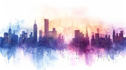 Fototapeta premium Pastel watercolor skyline city silhouettes hand-drawn