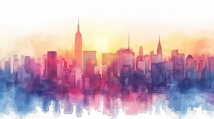 Pastel watercolor skyline city at dawn - obrazy, fototapety, plakaty