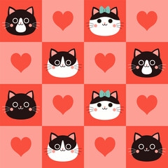 Seamless checkered pattern with cute cat faces and hearts. Vector graphics.