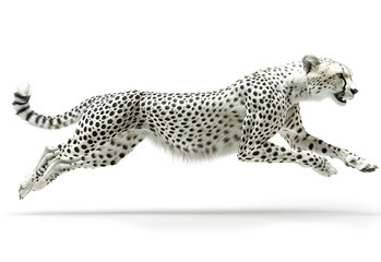 .Black and white running cheetah in jump on white background. Generative AI