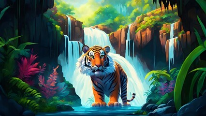 Illustration: tiger in the jungle, a waterfall in the background