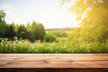 Wooden table spring nature bokeh background, empty wood desk product display mockup with green park sunny blurry abstract garden backdrop landscape ads showcase presentation. Mock up, copy space .