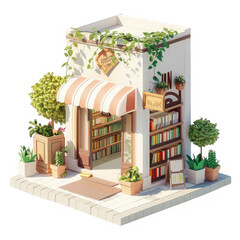 Bookstore rendered in minimalistic isometric 3D clay, inviting readers with an outdoor display and decorative plants