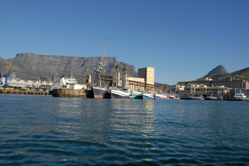 Table Mountain and commercial port of Cape Town, South Africa