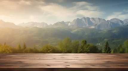 Poster Wooden table background featuring a scenic landscape with mountains and wildlife. © crazyass