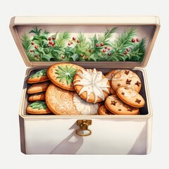 Illustration of a green cookie box filled with delicious cookies.