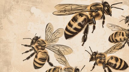 Classic vintage-style illustration showcasing various bee species with intricate details on a parchment background.
