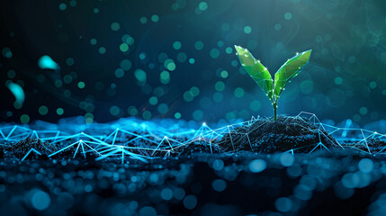 Abstract digital background of large data and mesh grid with low poly plant sprout growing from soil, futuristic technology concept in the style of technology.