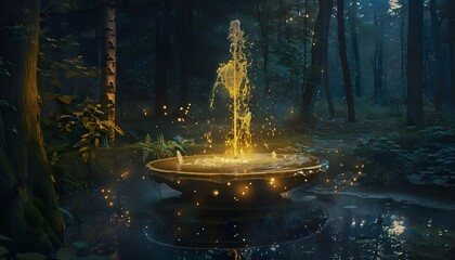 Magical fountain night in the forest