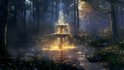 Magical fountain night in the forest - obrazy, fototapety, plakaty