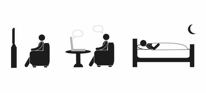 pictogram of a human figure, watching TV, online communication, freelancing, learning via laptop, time of day at night, a person sleeping on a bed, stick, icon, flat  illustration