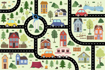 Children's vector card with street and cars. A game for children with a road in the form of a labyrinth.