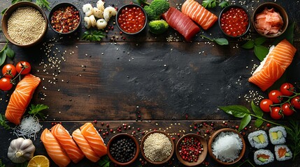 Top view wooden countertop, sushi making materials and ingredients scattered around perimeter,...