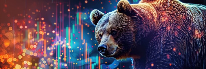 bear on a vibrant background with cryptocurrency trading charts and data Illustration of a bear market downtrend  - obrazy, fototapety, plakaty