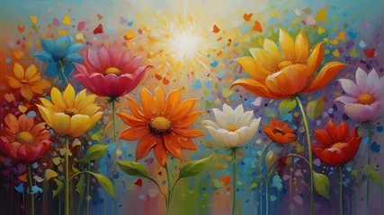Foto op Plexiglas A joyously vibrant celebration of colors on "happy colours day," where every hue dances with exuberance. The main subject is an enchanting, multicolored garden filled with blooming flowers of all shad © Iram__Art's 