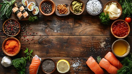 Top view wooden countertop, sushi making materials and ingredients scattered around perimeter, space for text - obrazy, fototapety, plakaty