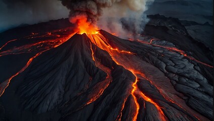 volcano seen from above, erupts lava - obrazy, fototapety, plakaty