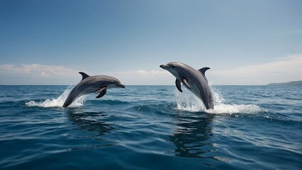 two dolphins swimming in the sea and jumping on the water - obrazy, fototapety, plakaty