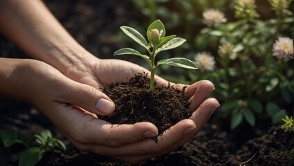 a hand holds the earth and flowers, spring, new beginning