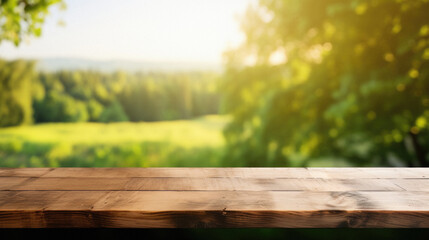 Wooden table spring nature bokeh background, empty wood desk product display mockup with green park sunny blurry abstract garden backdrop landscape ads showcase presentation. Mock up, copy space . - obrazy, fototapety, plakaty