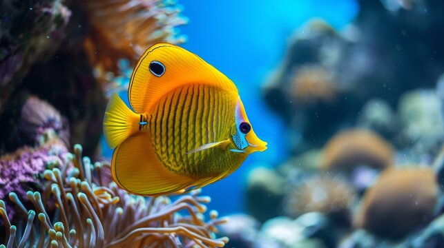 Yellow butterfly fish swim in the blue sea, colorful coral reefs on both sides, high definition photography photos in the style of nature