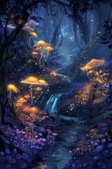 A whimsical digital painting of an enchanted forest with glowing mushrooms and fairies, creating a magical atmosphere. The background is dark to highlight the vibrant colors in the scene. In the cente