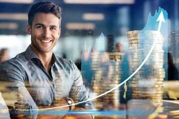 Double exposure of stock market graph and businessman with step of coin. financial stock exchange marketing concept.	
