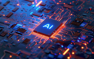 Illuminating innovation: AI text overlaid on a circuit board backdrop with a chip and captivating blue light effects, embodying the essence of modern technology for artificial intelligence research