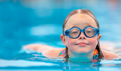Girl with Down Syndrome Taking Swimming Lessons in Blue Water